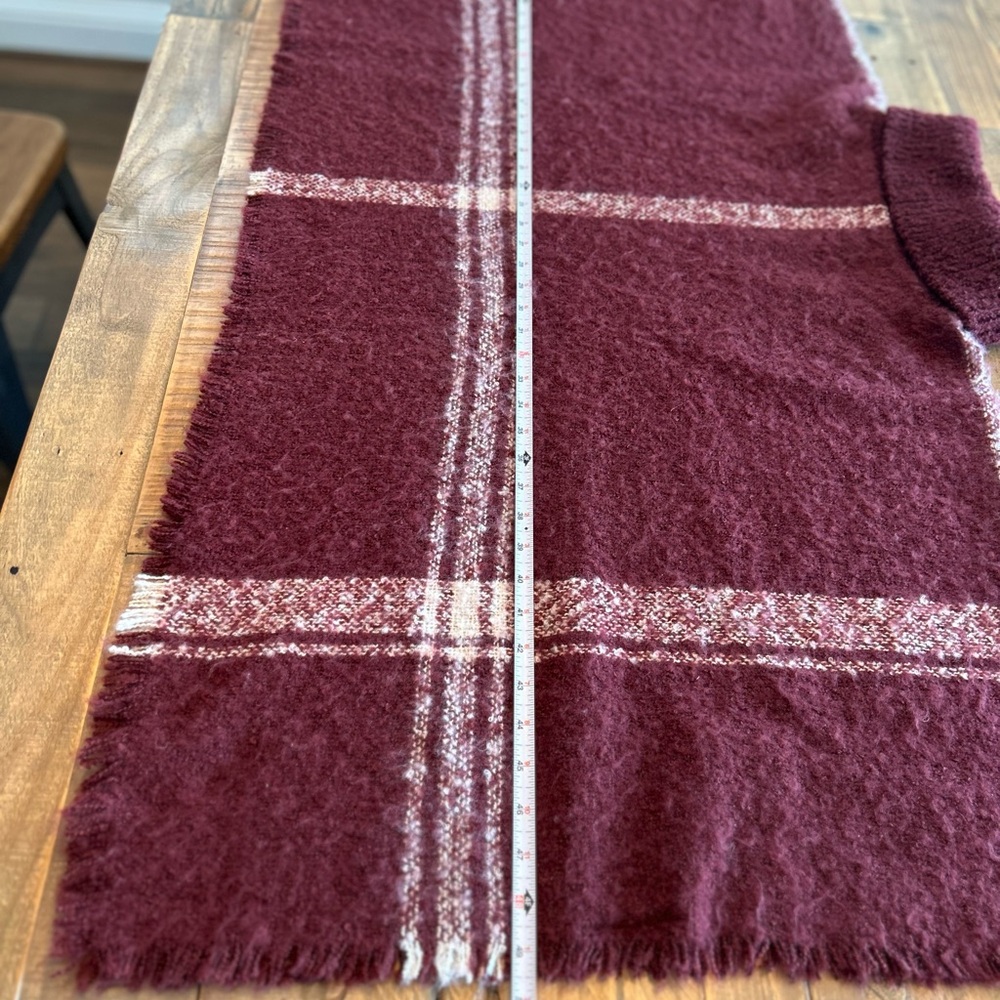 Women’s’ one-size knit turtleneck, poncho in maroon, and cream plaid - Picture 6 of 11